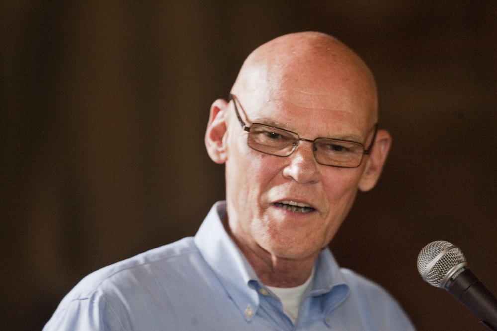 National Democratic strategist James Carville speaks during the annual Maine Democratic lobster bake fundraiser at Wolfe Neck Farm in Freeport on Sunday.