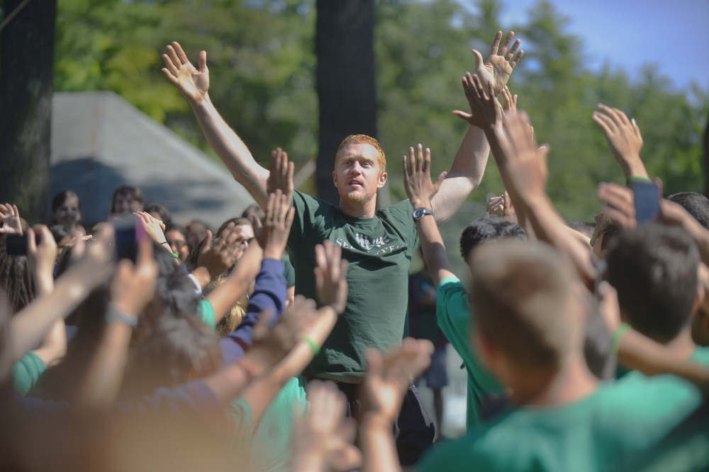 Portland Press Herald photo by John Ewing
NBA basketball players including Boston Celtic first round pick Marcus Smart, participated in the Seeds of Peace’s annual Play of Peace program at the Otisfield summer camp. A favorite of the campers, former NBA player Brian Scalabrine has been coming to the Seeds of Peace program for the past eleven years, and got a hugh reception from the campers.