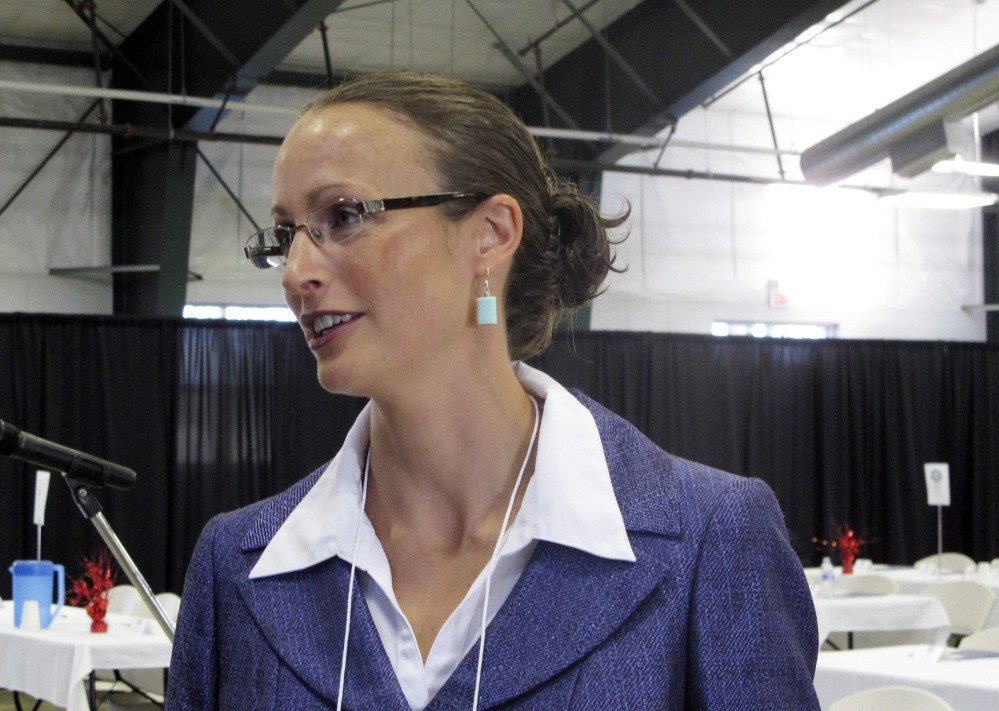 Amanda Curtis speaks before the opening of the Montana Democratic Party’s special nominating convention in Helena, Montana, on Saturday.