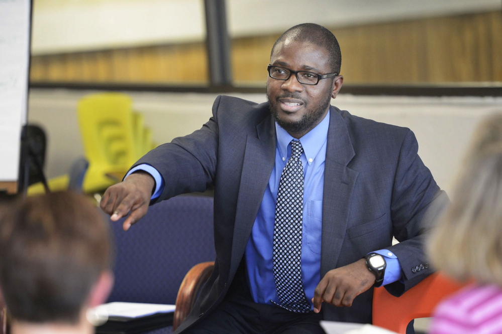 Staff Photo by Shawn Patrick Ouellette:  Portland Superintendent Emmanuel Caulk leads a listening session at the Reiche Community School in Portland Wednesday, September 5, 2012.