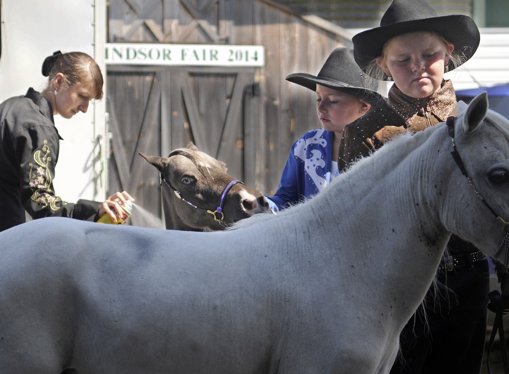 Ida Beckwith, left, sprays miniature horses before Jaydn, center, 8, and Kennedy Kimball, 7, show them at the Windsor Fair on Sunday. Exhibitions of full-size equines, cattle, goats and fowl were held on the first day of the annual agricultural exhibition in addition to the miniature horses.