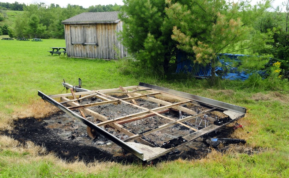 The Office of State Fire Marshal has determined that this snowmobile trailer was burned by an arsonist on Thursday in the Bond Brook Trails area in Augusta.