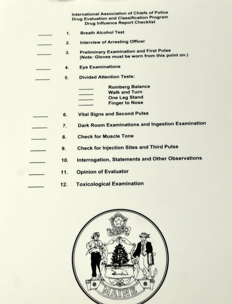 A list of twelve steps and categories that police can use to determine whether someone is under the influence of alcohol or drugs when driving.