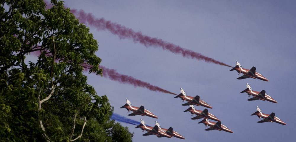 Military jets perform a fly-over during the NATO summit Wales on Friday.
