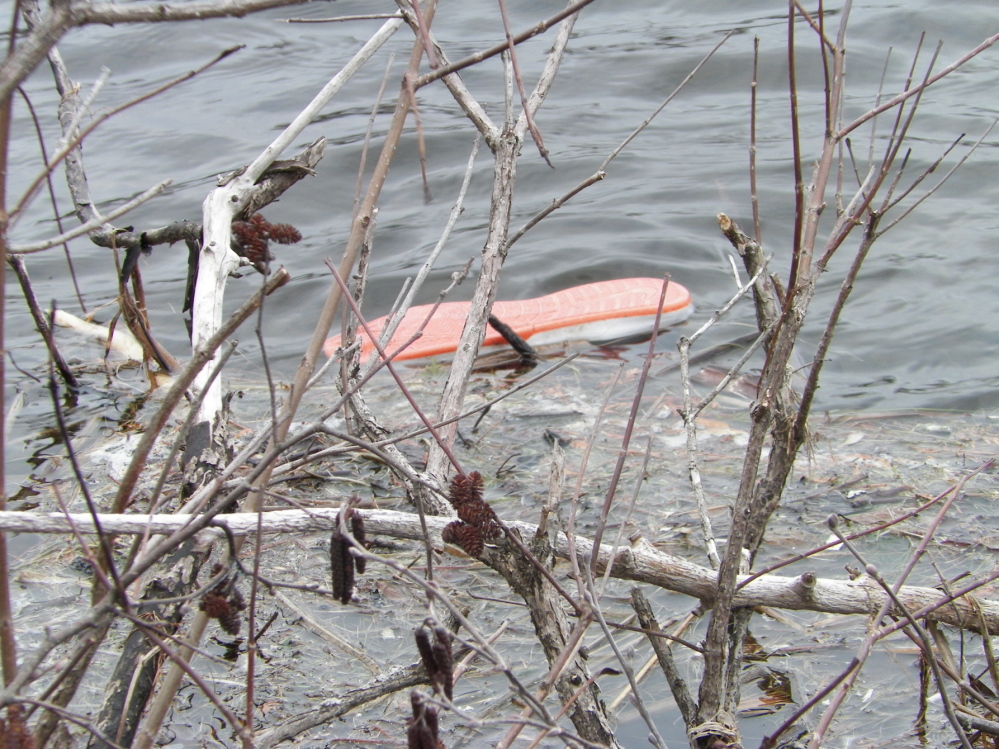 One of the child’s shoes floated in the water after Patricia Stanton, dean of students at Maranacook Community School pulled the boy from a stream at the Long Pond storage dam on Wings Mills Road in Mount Vernon. The child’s mother pleaded guilty to child endangerment.