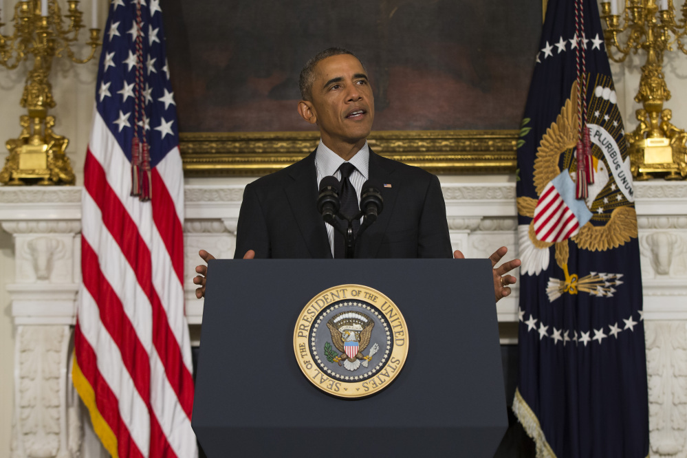 President Obama gives a statement at the White House on Thursday after Congress voted to arm and train moderate Syrian rebels in the fight against the Islamic State group. “I believe our nation is strongest when the president and Congress work together,” he said.