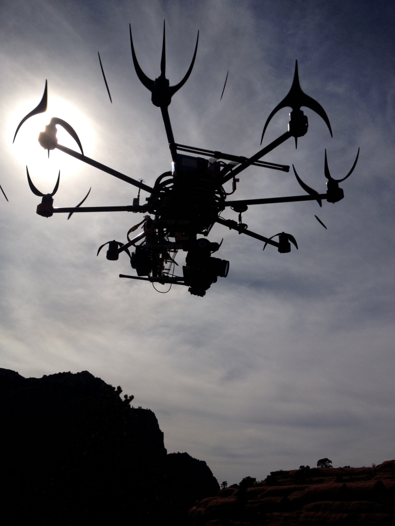 This image provided by Aerial MOB LLC shows their eight-rotor Sky Jib Helicopter in San Diego, Calif.. The Federal Aviation Administration is expected to announce Thursda that it is granting permits to seven movie and television production companies to fly drones, including those from Aerial MOB. The seven companies have been working with the Motion Picture Association of America for two years to win approval.