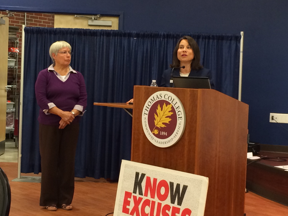 Plain Text:Meaghan Maloney, district attorney for Kennebec and Somerset counties, speaks on Wednesday about a new electronic tracking device that law enforcement will begin using in Somerset County this month to track domestic violence offenders. Maloney’s talk occurred during a domestic violence forum hosted by the Family Violence Project in Waterville.