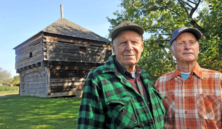 From left, Hank Dillenbeck and Fred Clark, organizers with the Benedict Arnold Expedition Society, stand in front of Fort Halifax in Winslow. For the first time in more than 200 years, when Benedict Arnold trekked to Quebec with a crew, bateaux, barrels of food and ammunition, 13 miles of the trail, from Caratunk to Flagstaff Lake are open to the public for hiking. The Arnold Expedition Historical Society has been working for years to get rights of way from landowners including the state, Plum Creek and unorganized territories; and it finally got them. A special trail-opening celebration will be held Saturday.