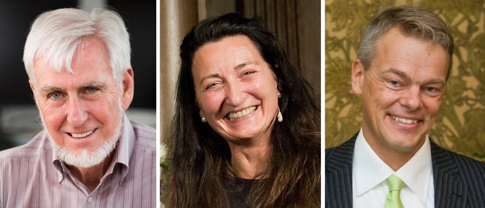 This is a three photo combination image of  an undated photo issued by University College London (UCL) of professor John O’Keefe, left, a Sept. 5, 2014 file photo of  Norway’s May-Britt Moser, centre, and  a 2008 file photo of Norwegian scientist Edvard Moser.