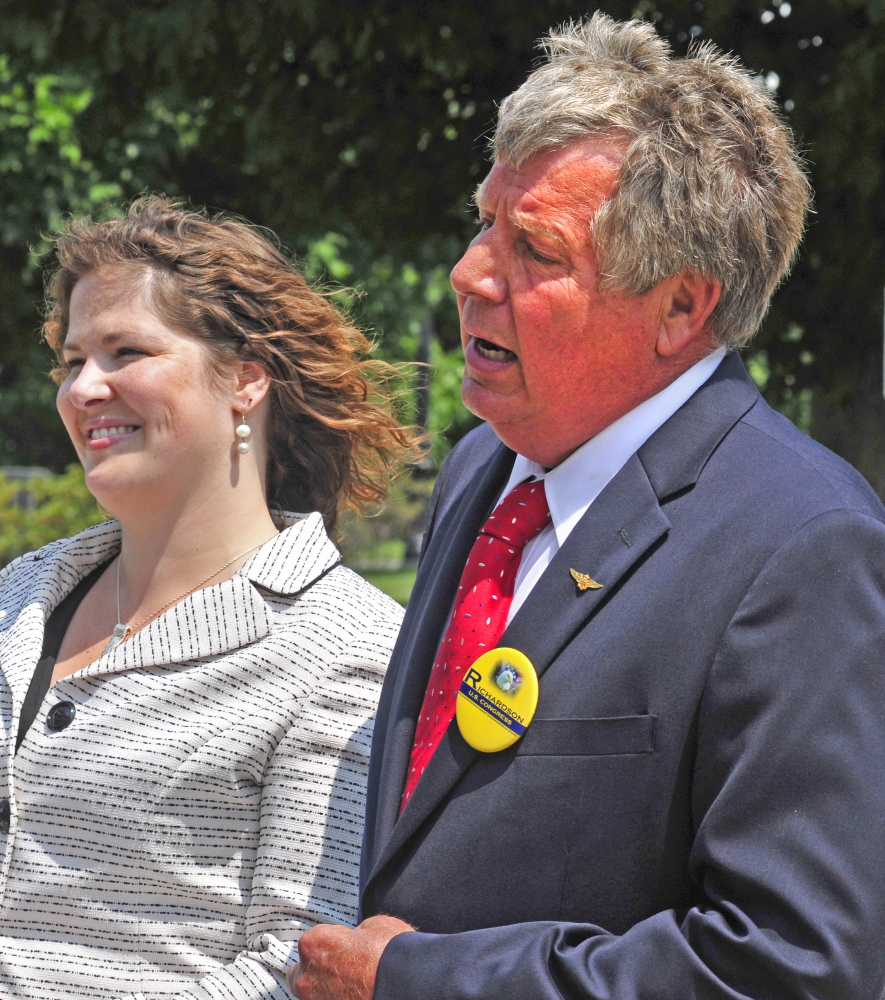 Independent candidate Blaine Richardson appears at a joint appearance with Democratic candidate Emily Cain on July 31 outside the State House in Augusta.