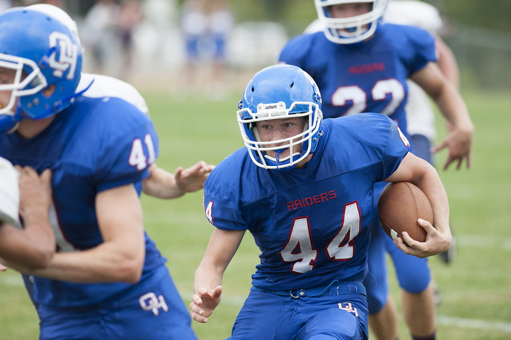 Kevin Bennett photo 
 Oak Hill running back Kyle Flaherty has been bothered with a leg injury, but he returned to action last Saturday and turned in a dominant performance against Old Orchard Beach.