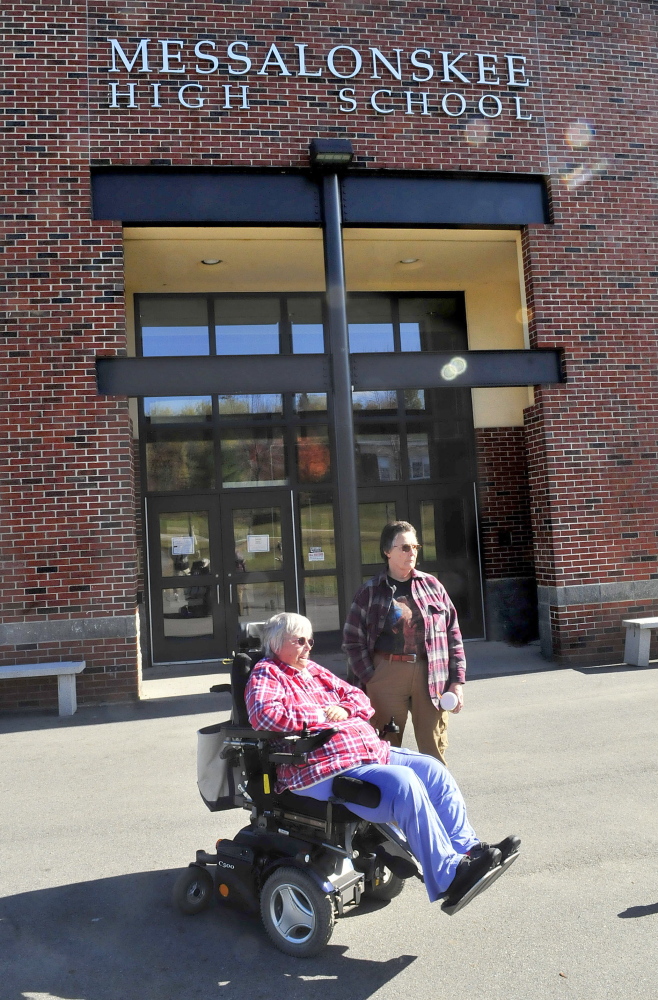 RSU 18 board member Eunice Spooner, left, on Sunday came to Messalonskee High School in Oakland when she learned that Cassidy Charette died of injuries suffered in a hayride accident on Saturday in Mechanic Falls. Spooner said she was saddened and shocked by the death. “I came here to see what I can do,” Spooner said. At right is Marcia Wooley.