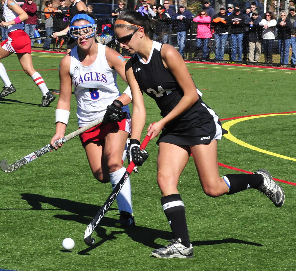 Mesalonskee’s Allison Leighton, left, and Skowhegan’s Rylie Blanchett play in Waterville.