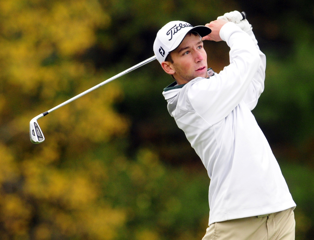 Winthrop’s Taylor Morang hits off the third tee during the Class C state team championships last week at Natanis Golf Course in Vassalboro. Morang, a senior, carded a 4-under 68 to help the Ramblers win the state title, their first since 1995. Morang is one of the favorites to win the individual title today.