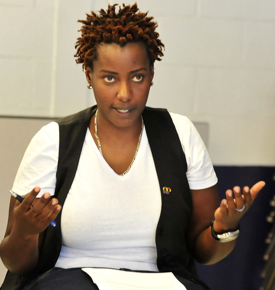 Clare Byaraguba, a native of Uganda who is a human rights fellow at Colby College, speaks to Waterville Senior High School students on issues of violence, discrimination and bullying on Monday.