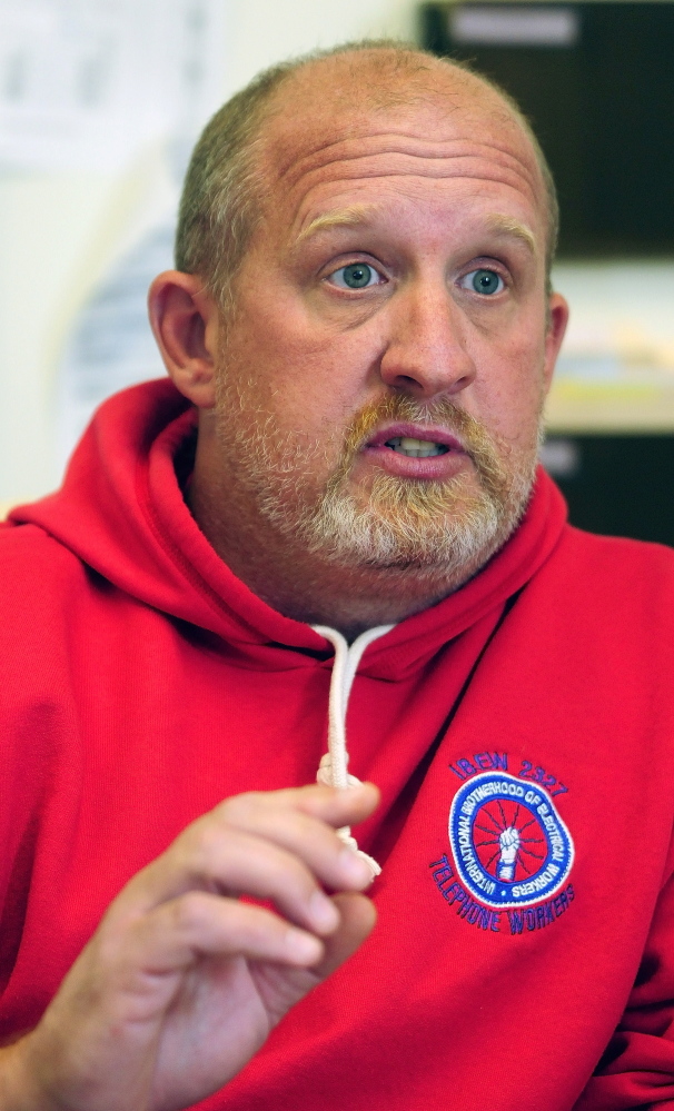 Peter Keefe, treasurer of International Brotherhood of Electrical Workers Local 2327, answers questions during an interview on Thursday in Augusta.