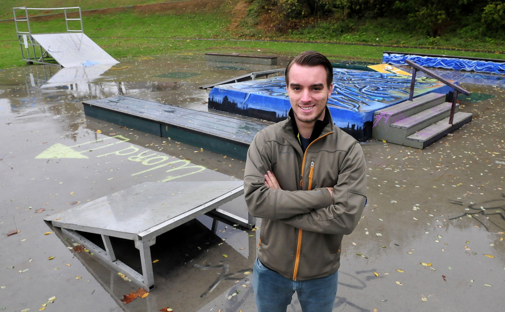 Thomas College student Dave Dutil stands at the skateboard park in the South End section of Waterville on Thursday. Dutil is heading a fundraising effort to improve the skate park.