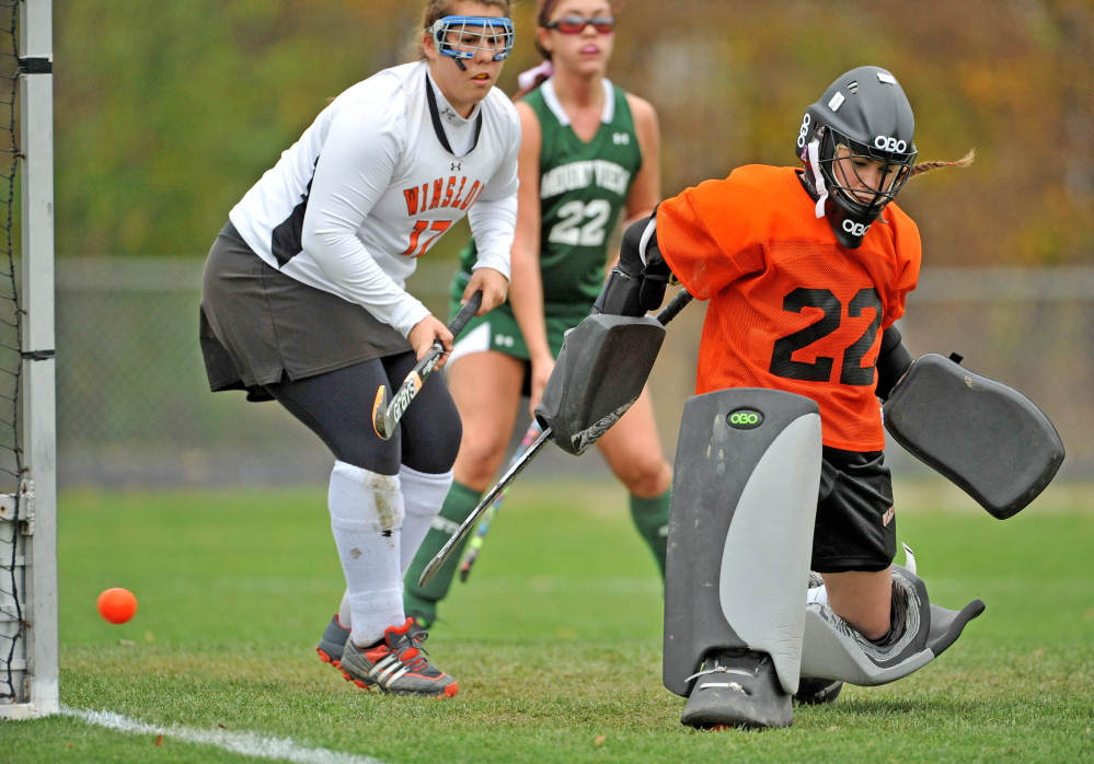 Winslow High School goalie Delaney Wood, 22, gives up a goal against Mt. View High School in the first half at Winslow High School in their Eastern C semifinal game Tuesday.