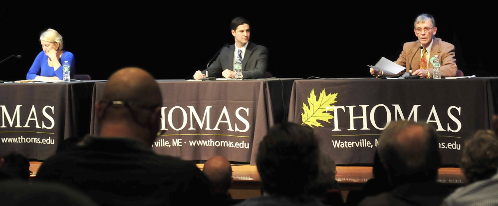 Waterville mayoral candidates take part in the third debate before Election Day at Thomas College in Waterville on Thursday. From left are Karen Rancourt-Thomas, Nick Isgro and Steve Aucoin.