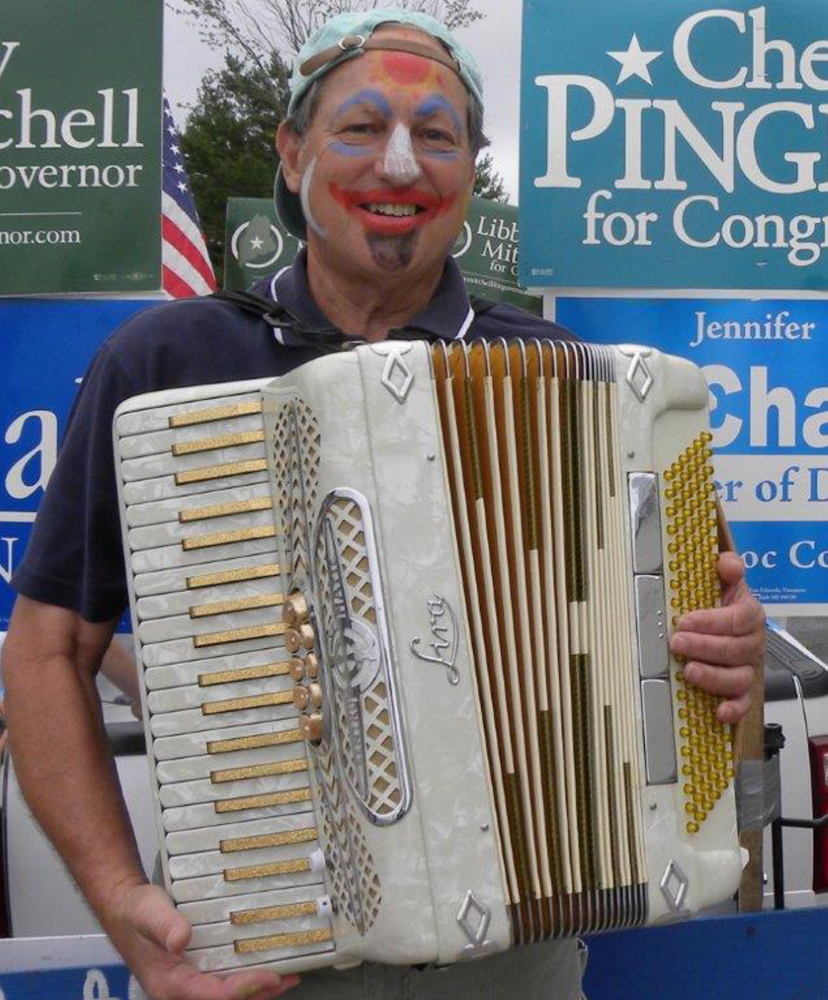 Peter Walsh of Dresden, known as the Accordion Dude, will lead a sing-along at Slates in Hallowell on Monday.