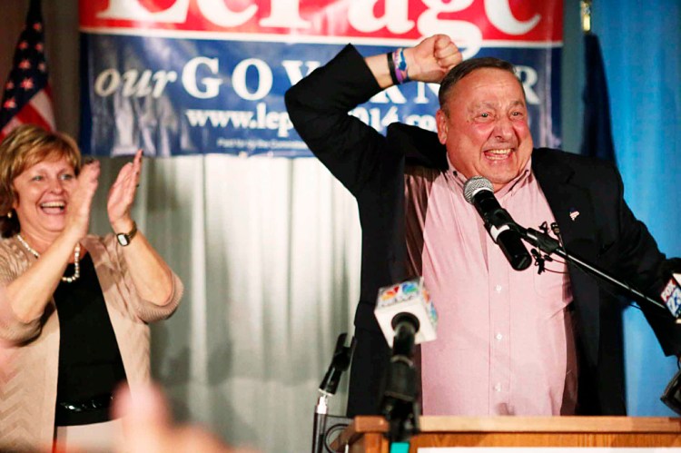 Maine Governor Paul LePage speaks to supporters at the Franco American Heritage Center after being reelected on Wednesday, November 5, 2014. (Photo by Gregory Rec/Staff Photographer)