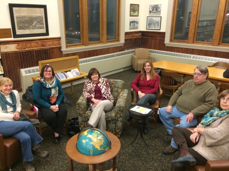 Patrons of the Waterville Public Library gather to nominate the library’s director, Sarah Sugden, for a national I Love My Librarian Award, which recognizes librarians who have made a significant impact in their communities. Those who added to the nomination are, from left, Eve Sotiriou, Jennifer Olsen, Michele Prince, Tina Chapman, Mike Trombley and Dana Hamilton.