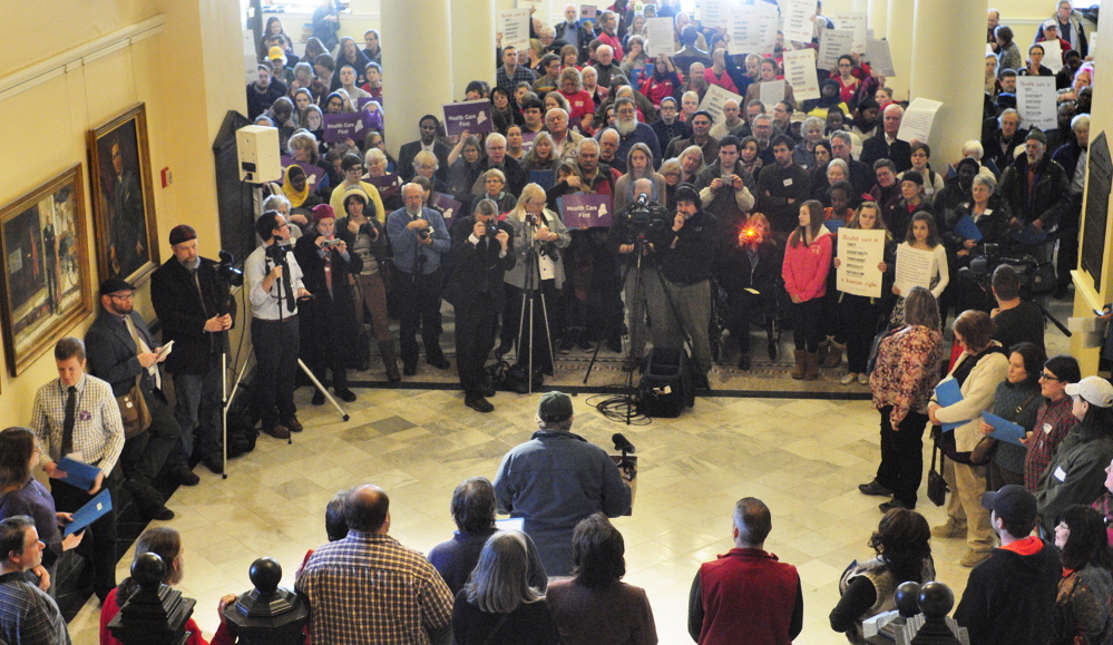 People fill the Hall of Flags during a rally held to support Medicaid expansion in January at the State House in Augusta.