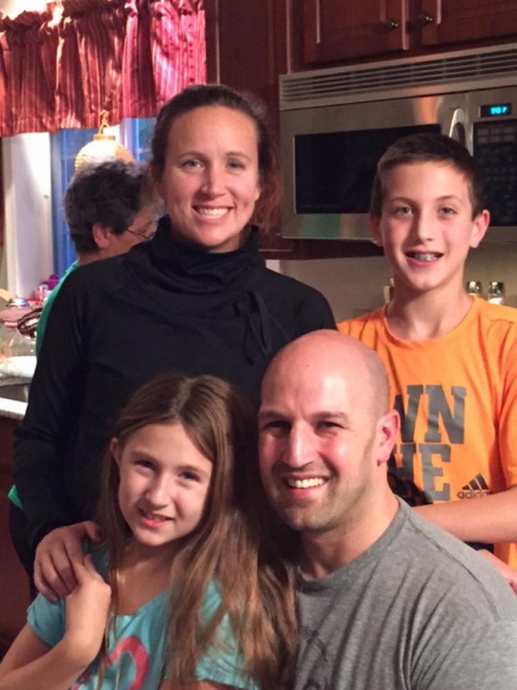 Jaime Carnucci, top left, has been reunited with her family, husband Frank, bottom right, and children Nico, 12, and Aysa, 9, after breaking her neck in a diving accident earlier this year.