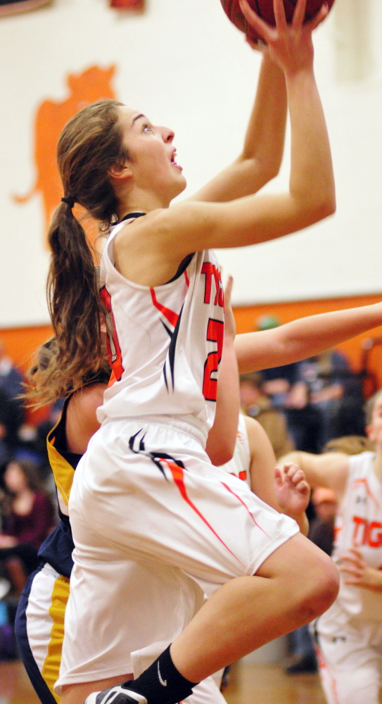 Gardiner’s Mary Toman goes up for a shot during a game against Medomak Valley on Tuesday in the John A. Bragoli Memorial Gym at Gardiner Area High School.