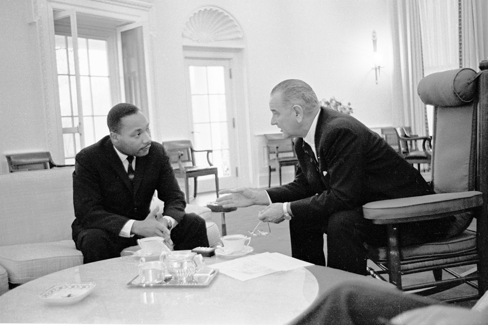 LBJ Library photo 
 President Lyndon Baines Johnson and the Rev. Martin Luther King Jr. work together on the American civil rights movement.