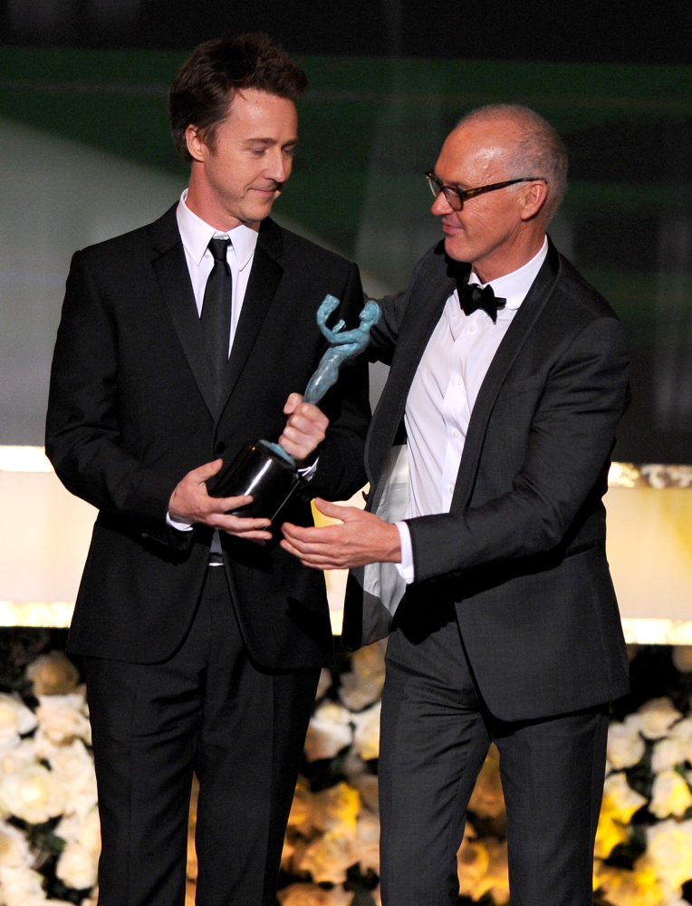 Edward Norton, left, and Michael Keaton accept the award for outstanding performance by a cast for “Birdman” at Sunday’s Screen Actors Guild Awards.