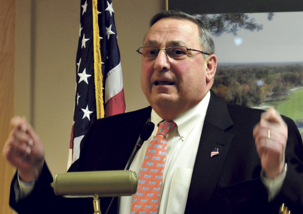 Gov. Paul LePage speaks to members of the Waterville Rotary Club Monday about his plans to reduce the state income tax, to tax non-profit organizations and to increase the sales tax for goods and certain services to visitors from out of state.