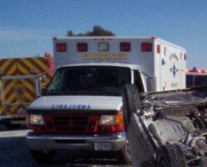 This Volvo overturned after the driver struck drifting snow Monday morning in the southbound lanes of the Maine Turnpike in Litchfield, leading to a four-vehicle crash that sent four people to area hospitals by ambulance.