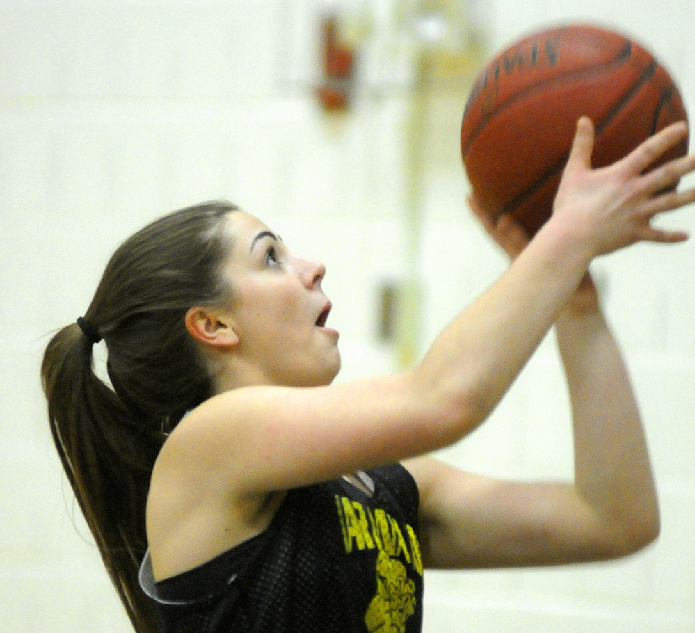 Maranacook Community High School’s Sarah Clough nailed four 3-pointers against Dirigo in the Western Class C final last Saturday at the Augusta Civic Center.