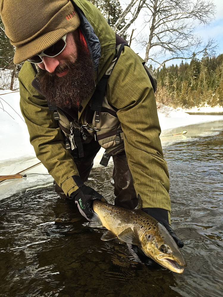 Chris Bard watches his step as he enters the Fish River on a cold January day and releases the salmon he had just caught.