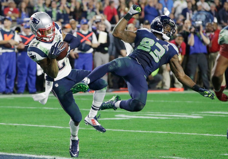New England Patriots strong safety Malcolm Butler makes the game-saving interception of a pass intended for Seattle Seahawks wide receiver Ricardo Lockette in the last seconds of Super Bowl XLIX Sunday.