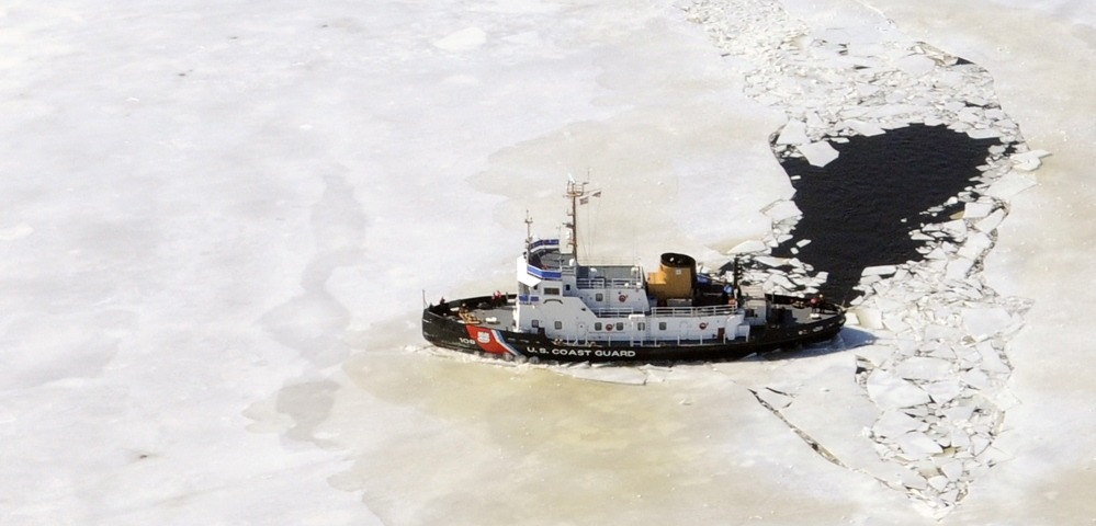 Coast Guard cutter Thunder Bay turns around in this March 27, 2014, file photo near the Richmond-Dresden Bridge on the Kennebec River.