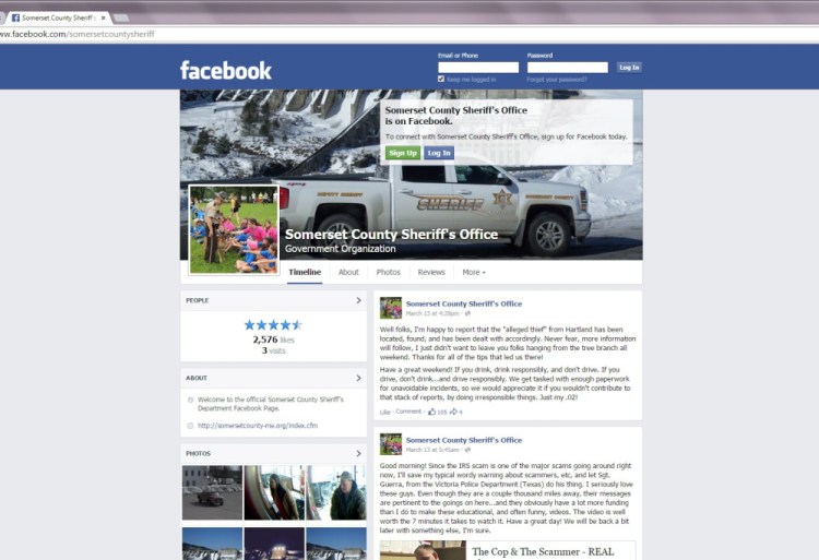 A screen grab shows the Somerset County Sheriff’s Department Facebook page. The department credits the page with helping in a half dozen arrests and cracking some difficult cases.
