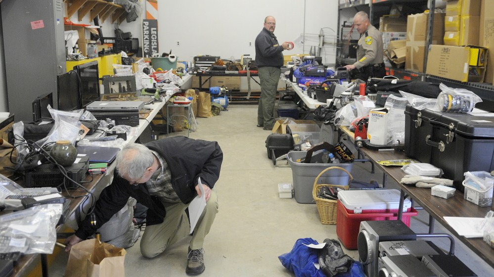Hundreds of stolen items were returned to victims of burglaries in November 2013 at the Kennebec County Sheriff’s Office in Augusta. Sheriff’s deputies and state police recovered the tools and household items from a burglary ring in Wayne. One defendant — Justin Ross, of Wayne — was sentenced on Tuesday to 10 years in prison for the crime. Another has charges pending.
