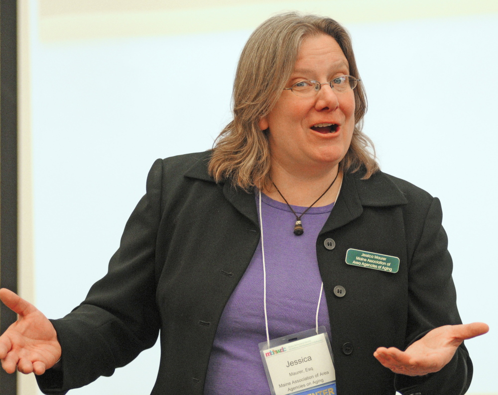 Jessica Maurer, executive director of the Maine Association of Area Agencies on Aging, speaks on Thursday during a panel discussion on substance abuse among the elderly at the Maine Hospital Association in Augusta.