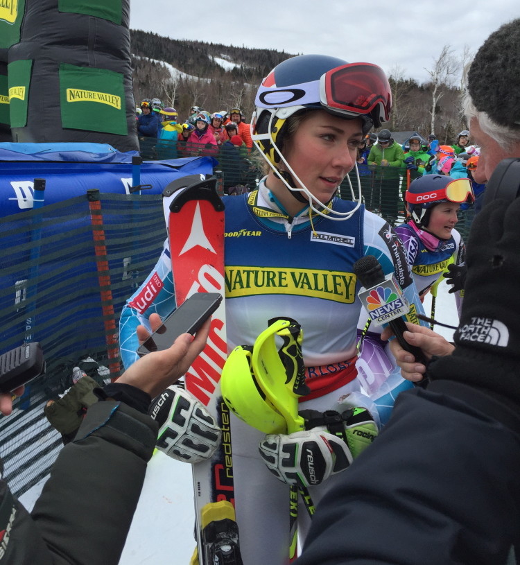 Skier Mikaela Shiffrin speaks to reporters during the U.S. Alpine Championships on Saturday at Carrabassett Valley. Shiffrin won the slalom title.