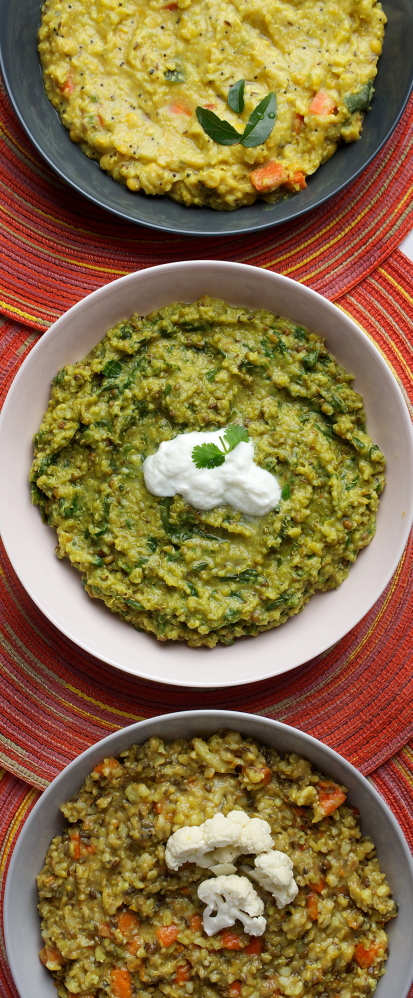 From top: Millet, Amaranth and Toor Dal Kitchari with Kohlrabi; Rice and Quinoa Kitchari with Moong Beans and Spinach; and Brown Rice and Split Moong Kitchari with Cauliflower.