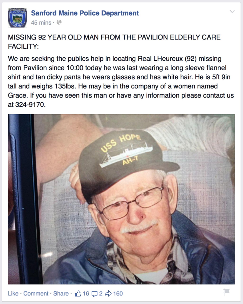 The Sanford Maine Police Department said in a Facebook post Tuesday that Real L’Heureux was a missing person.