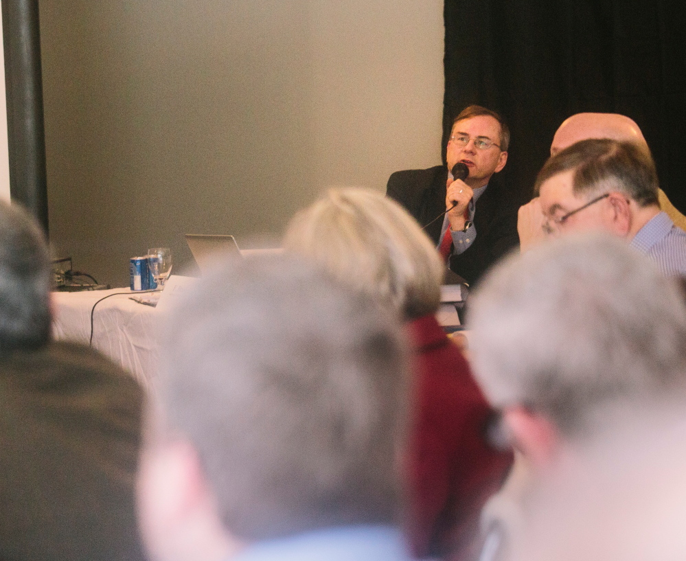 Attorney F. Bruce Sleeper speaks during Wednesday’s marathon hearing on the proposed Downeaster layover facility in Brunswick.The abutting neighborhood for the site has been fighting the project for four years.