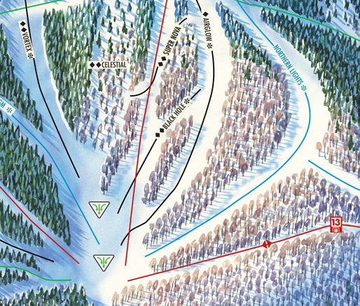 An excerpt of the Sunday River trail map shows the Black Hole trail near the base of the Aurora Peak ski trails. 