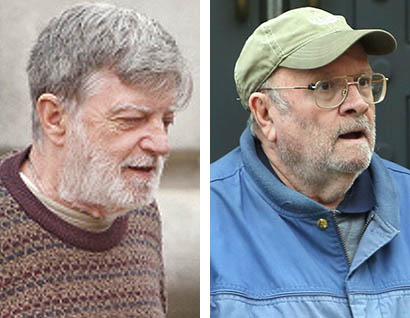 F. William Messier, left, and David E. Robinson, both of Brunswick, leave federal court in Portland on Monday after the first day of their trial. Messier is accused of failing to pay taxes on hundreds of thousands of dollars and obstructing the government’s attempts to recover the money. Robinson is accused of helping Messier avoid paying taxes. Both men say they do not recognize the authority of the Internal Revenue Service.

