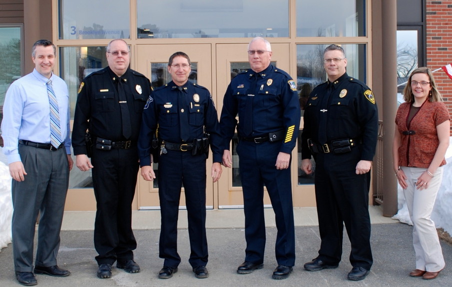 From left, are Mid-Maine Technical Center Director Peter Hallen, Fairfield Police Chief Thomas Gould, Oakland Police Chief Mike Tracy, Waterville Police Chief Joseph Massey, Winslow Police Chief Shawn O’Leary and MMTC Student Services Coordinator Beth Carlton.