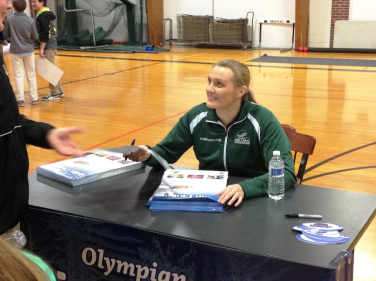 Julia Clukey, of Augusta, met and talked to students at North Yarmouth Academy on Tuesday afternoon.