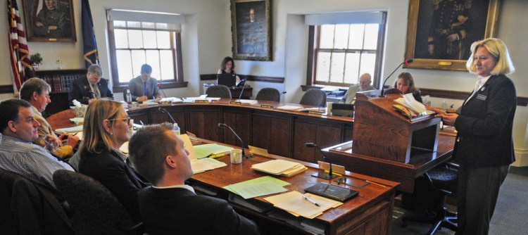 Rep. Catherine Nadeau testifies on L.D. 1219, “An Act To Allow Active Members and Veterans of the Armed Forces Who Are at Least 18 Years of Age and under 21 Years of Age To Consume Alcohol at Eligible Veterans’ Organization Posts and American Legion Halls,” on Wednesday before the Legislature’s Veterans and Legal Affairs Committee in the State House in Augusta.